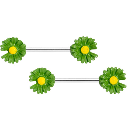 14 Gauge 5/8 Green Flower Barbell Nipple Ring Set