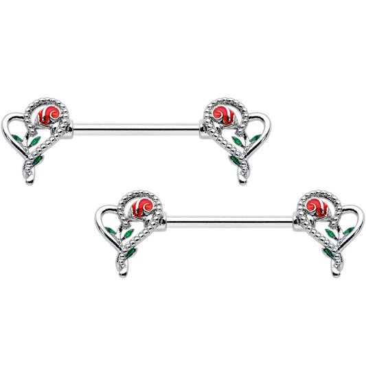 14 Gauge 5/8 Open Heart Rose Valentines Barbell Nipple Ring Set