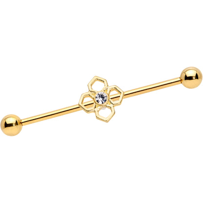 14 Gauge Clear Gem Gold Tone Open Cross Industrial Barbell 38mm