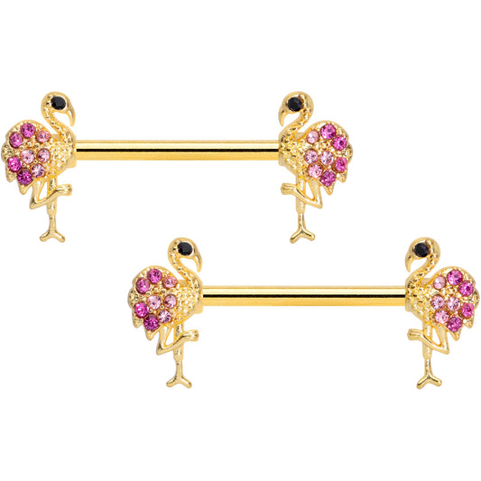 14 Gauge 9/16 Pink Gem Gold Tone Fashion Flamingo Nipple Ring Set