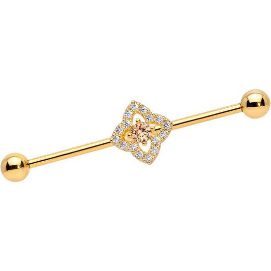 14 Gauge Clear CZ Gem Gold Tone Rhombus Royale Industrial Barbell 38mm