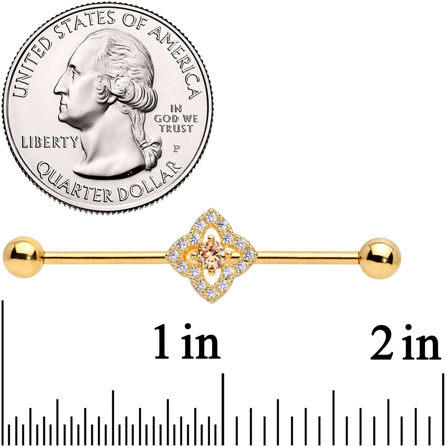 14 Gauge Clear CZ Gem Gold Tone Rhombus Royale Industrial Barbell 38mm