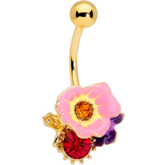 Red Pink Blue Gem Gold Tone Multi Flower Belly Ring