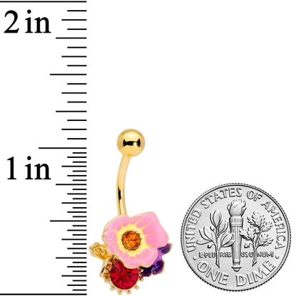 Red Pink Blue Gem Gold Tone Multi Flower Belly Ring