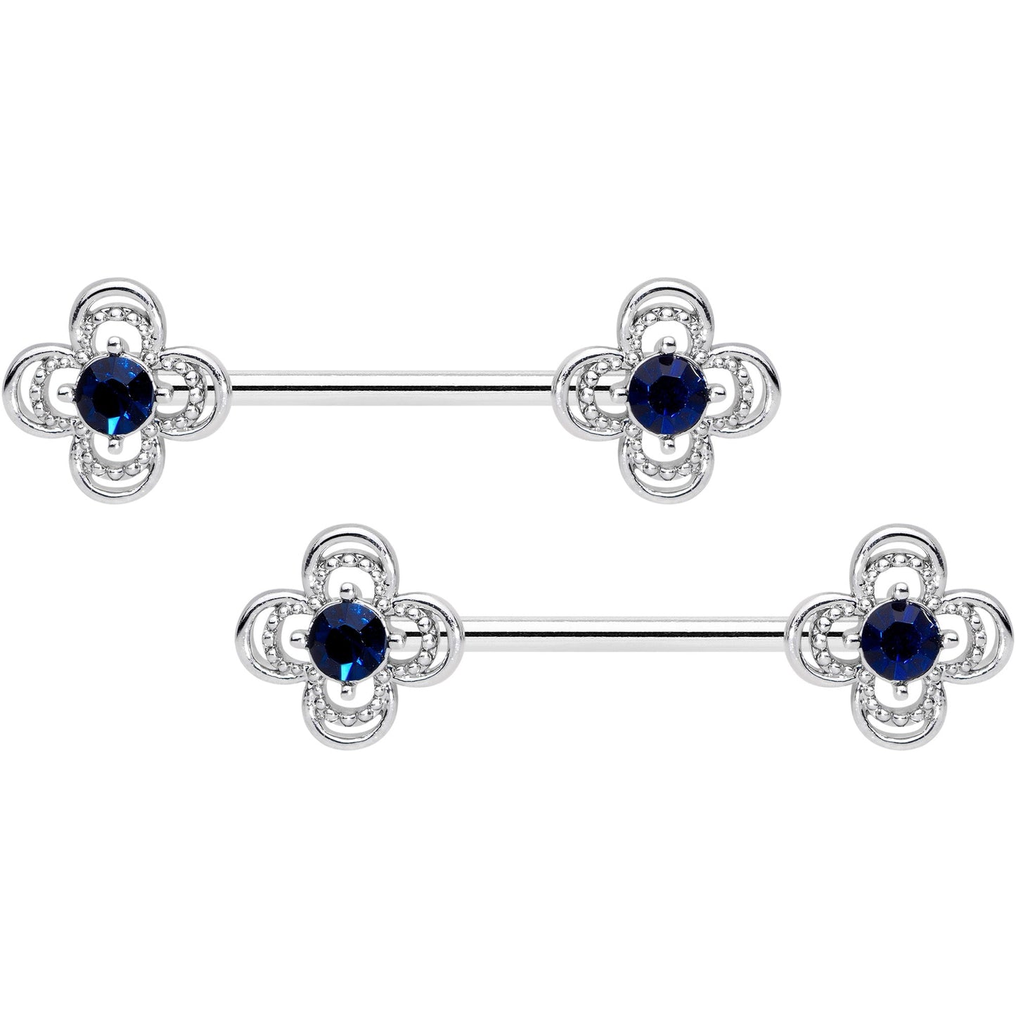 14 Gauge 9/16 Blue Gem Stylized Deco Cross Barbell Nipple Ring Set