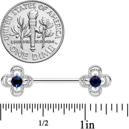 14 Gauge 9/16 Blue Gem Stylized Deco Cross Barbell Nipple Ring Set