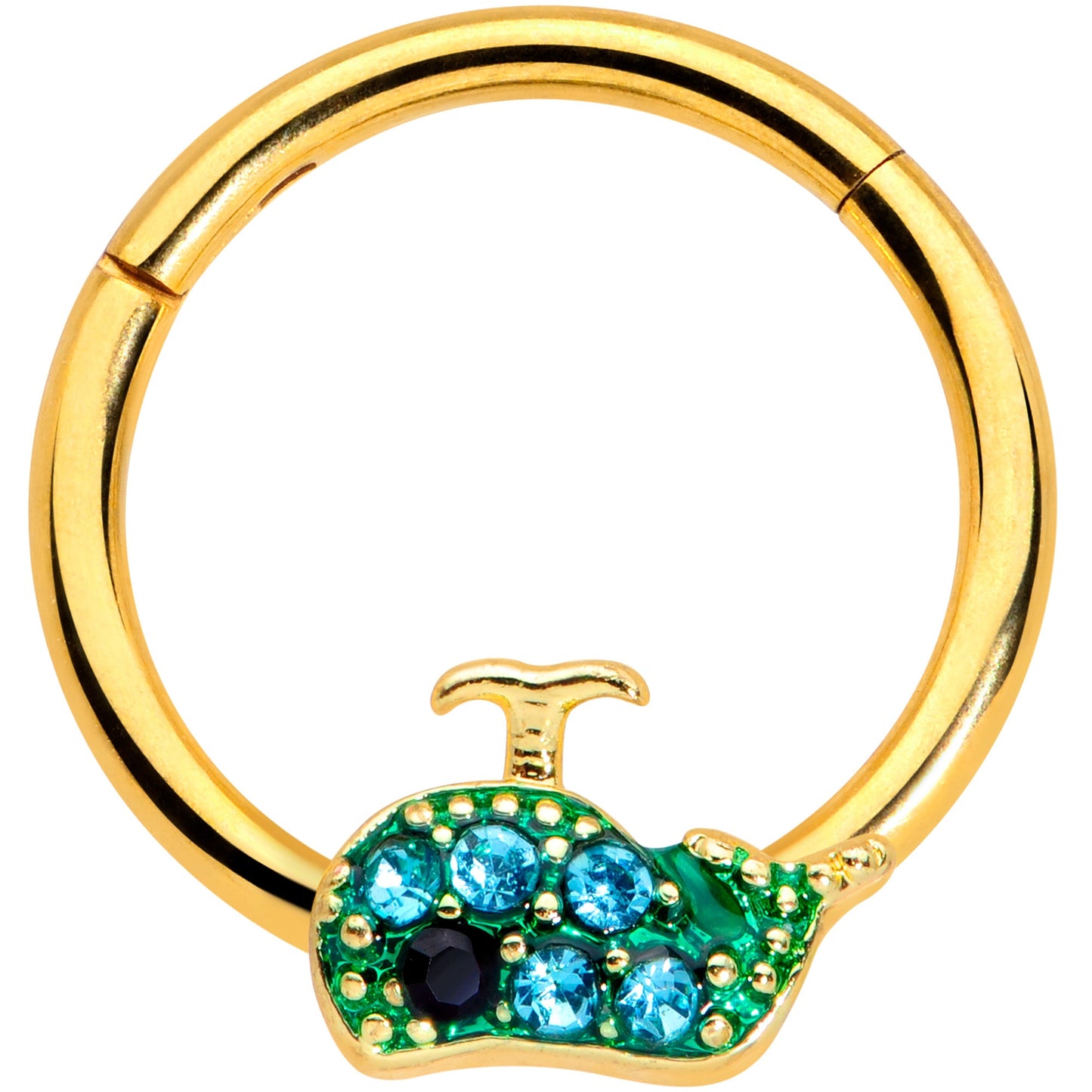 16 Gauge 3/8 Aqua Gem Gold Tone Water Whale Hinged Segment Ring