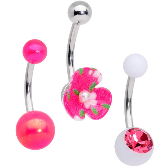 Pink Gem White Pink Flower Pearlescent Belly Ring Set of 3