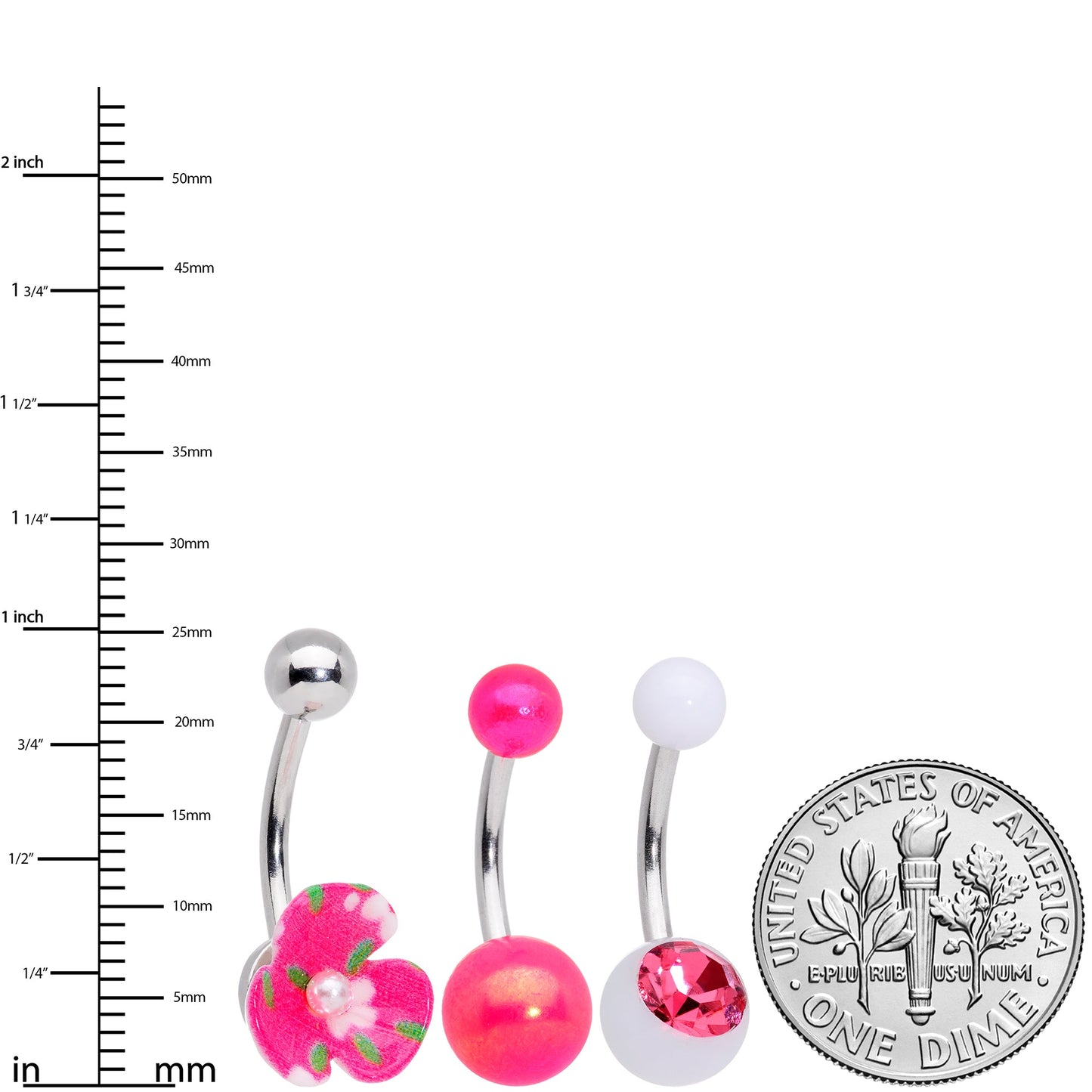 Pink Gem White Pink Flower Pearlescent Belly Ring Set of 3