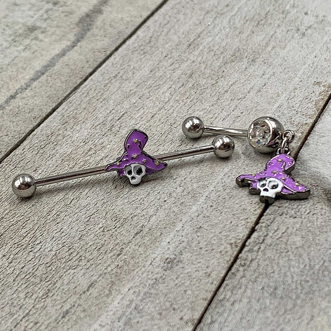 14 Gauge Skull Purple Witch Hat Halloween Industrial Barbell 38mm