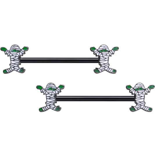 14 Gauge 5/8 Black Green Mummy Halloween Barbell Nipple Ring Set