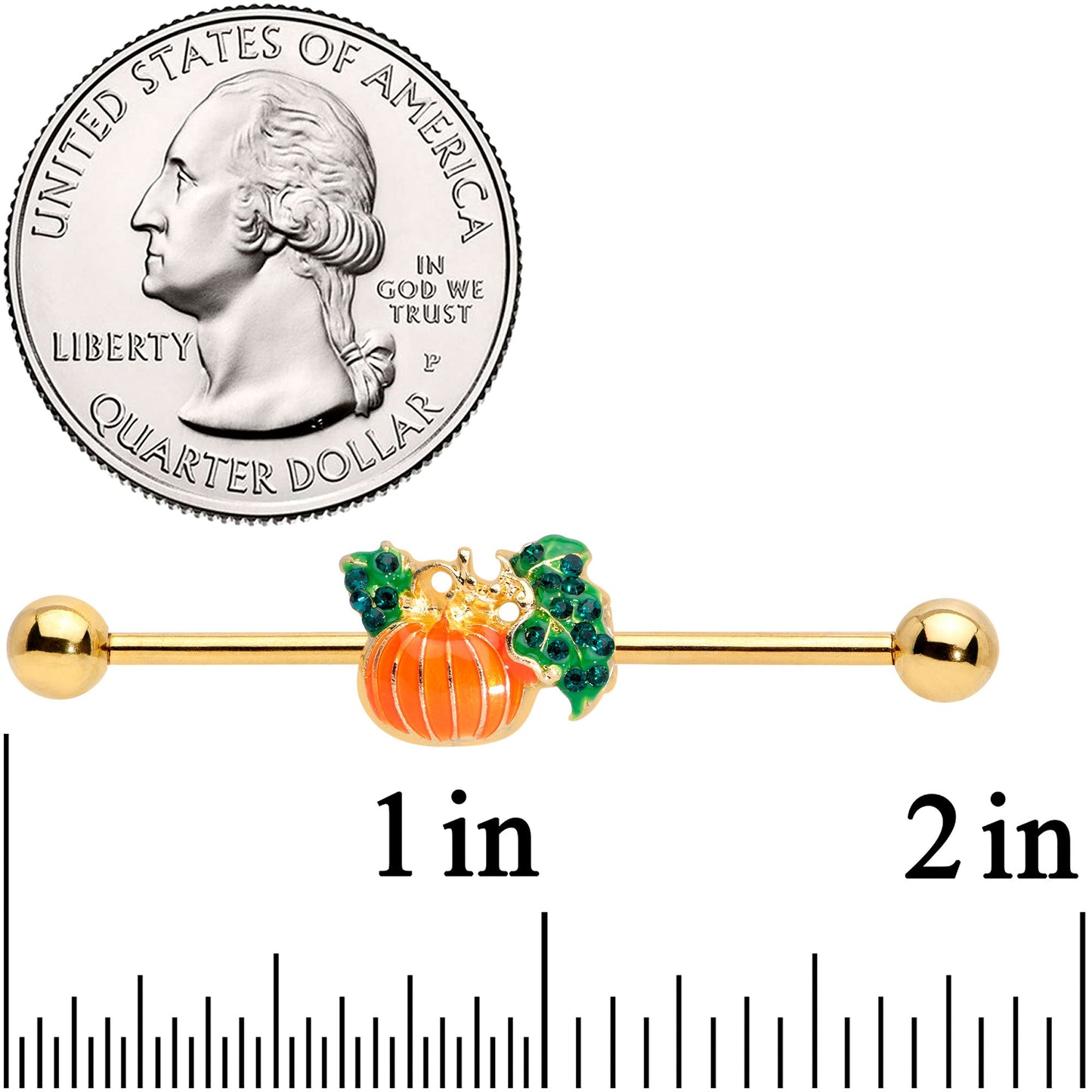 14 Gauge Gold Tone Autumn Pumpkin Halloween Industrial Barbell 38mm