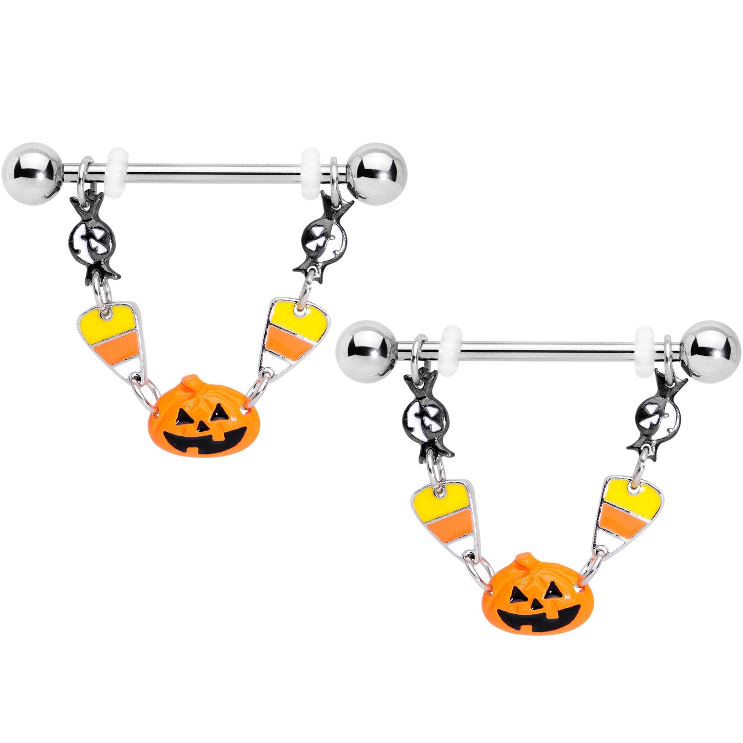 14 Gauge 13/16 Candy Corn Pumpkin Halloween Dangle Nipple Ring Set