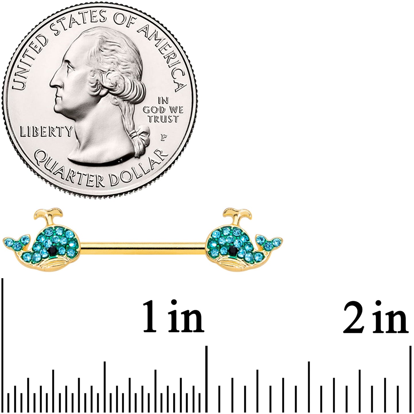 14 Gauge 9/16 Aqua Gem Gold Tone Blue Whale Nipple Ring Set