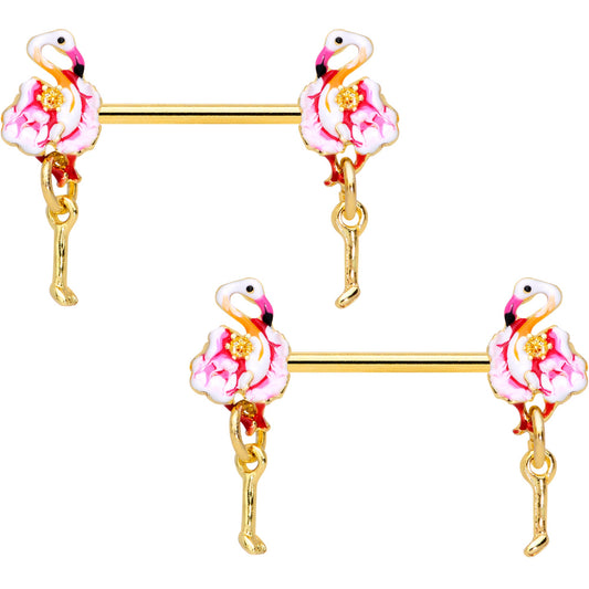 14 Gauge 9/16 Gold Tone Pink Flamingo Dangle Barbell Nipple Ring Set