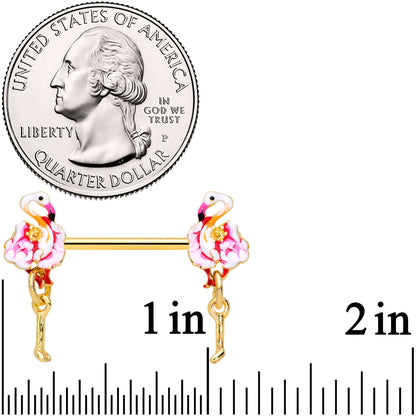 14 Gauge 9/16 Gold Tone Pink Flamingo Dangle Barbell Nipple Ring Set