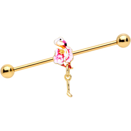 14 Gauge Gold Tone Pink Flamingo Dangle Industrial Barbell 38mm