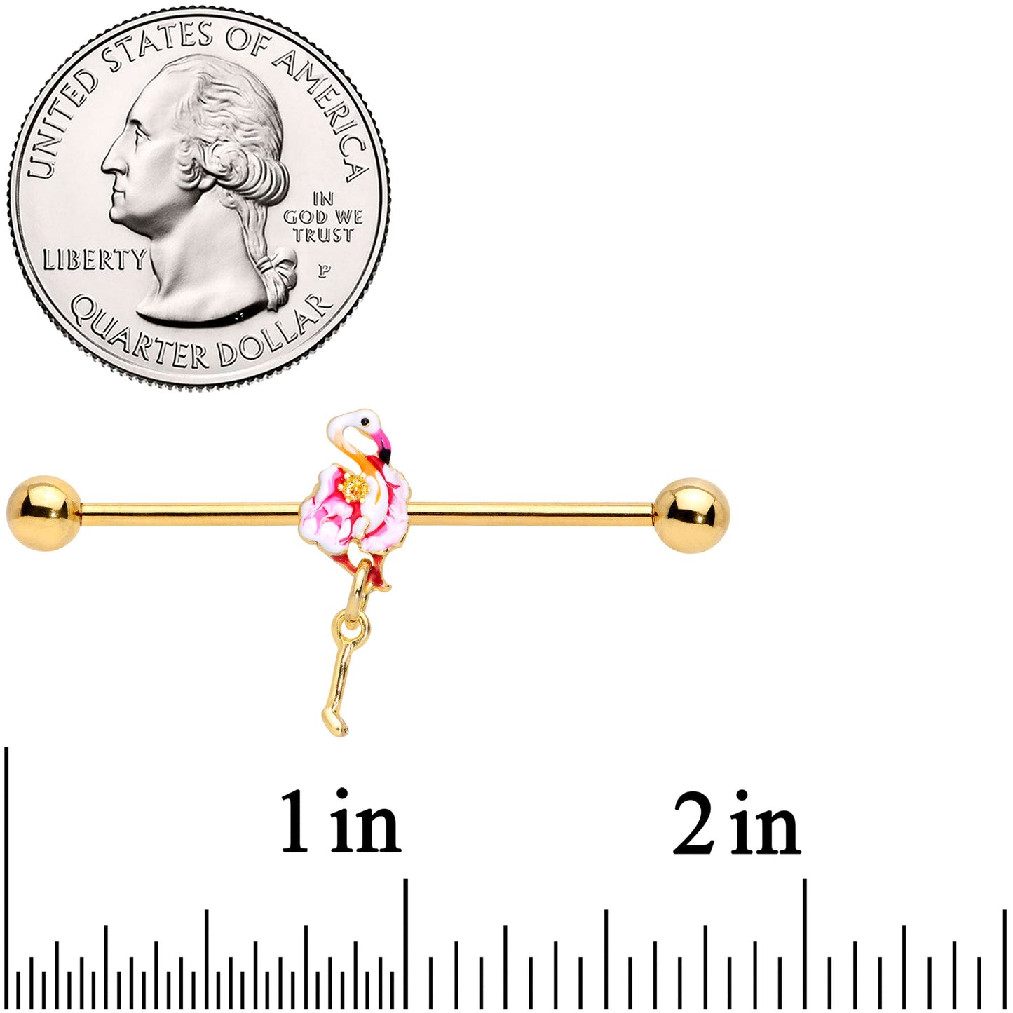 14 Gauge Gold Tone Pink Flamingo Dangle Industrial Barbell 38mm