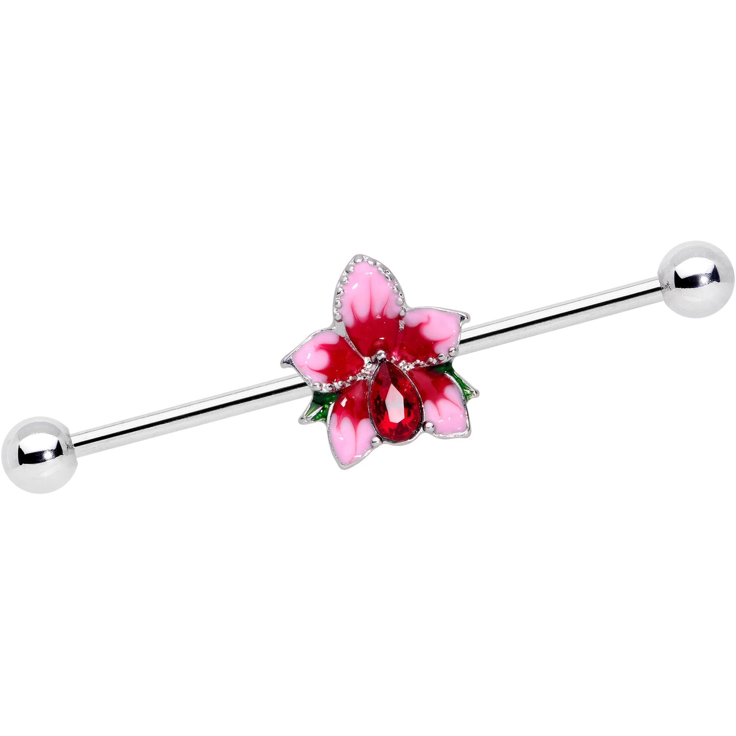 14 Gauge Red Gem Exotic Flower Industrial Barbell 38mm