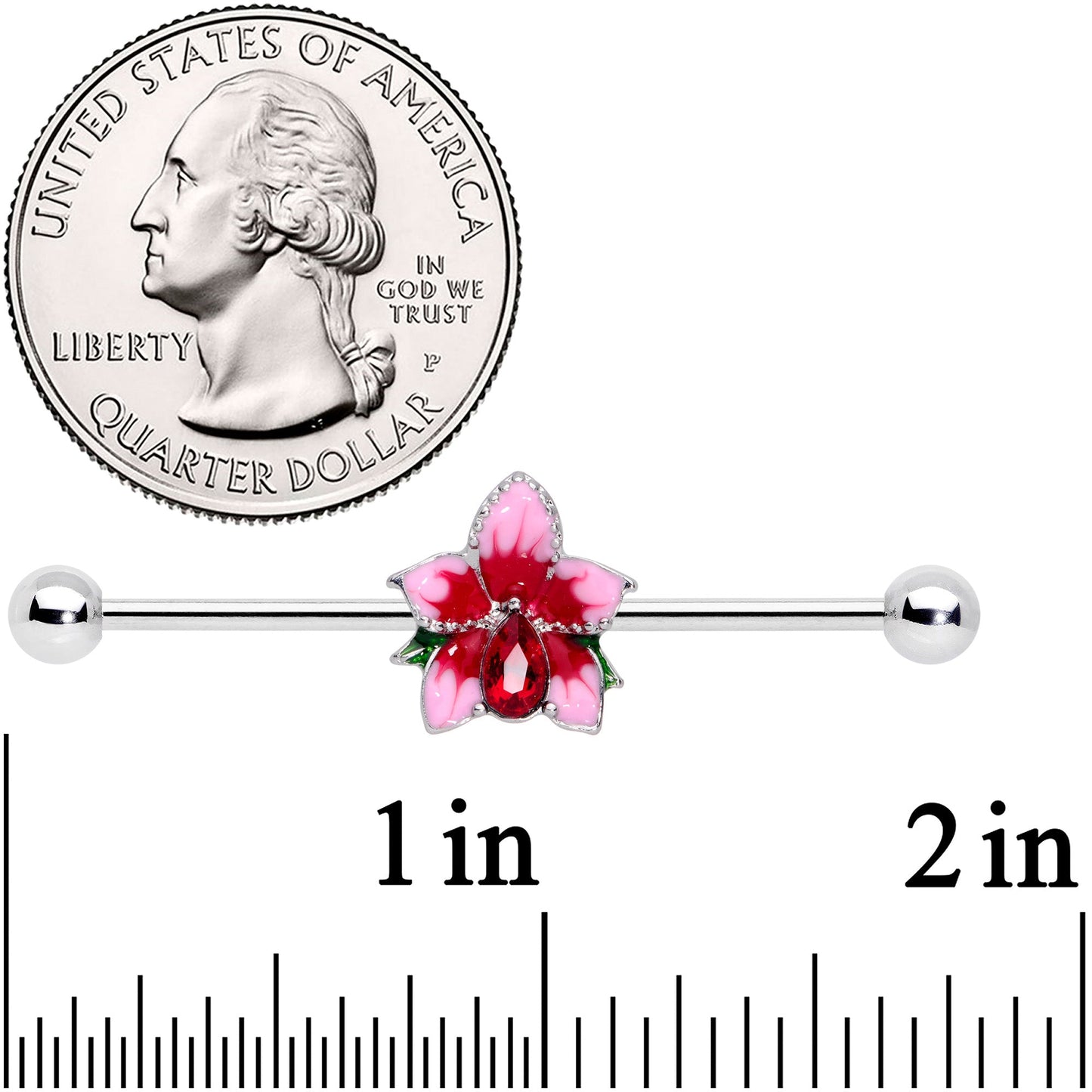 14 Gauge Red Gem Exotic Flower Industrial Barbell 38mm