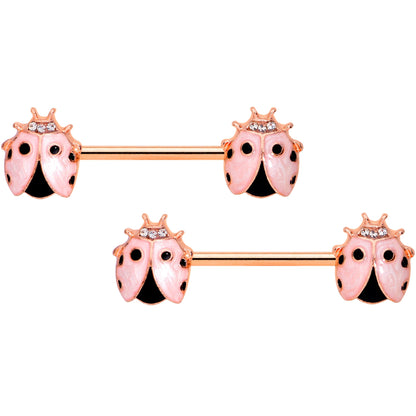 14 Gauge 9/16 Clear Gem Rose Gold Tone Lil Ladybug Nipple Ring Set