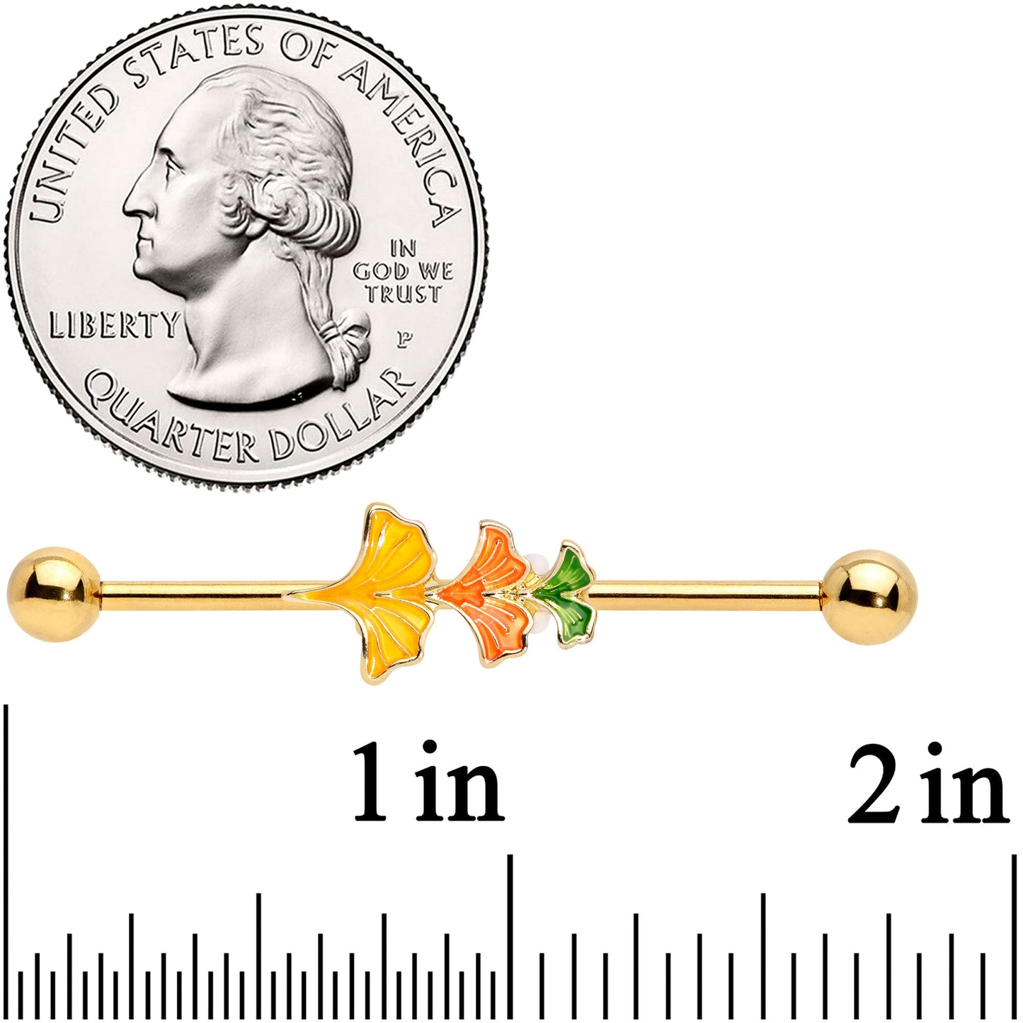 14 Gauge Gold Tone Autumn Leaves Fall Industrial Barbell 38mm