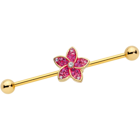 14 Gauge Clear Purple Gem Gold Tone Flower Industrial Barbell 38mm