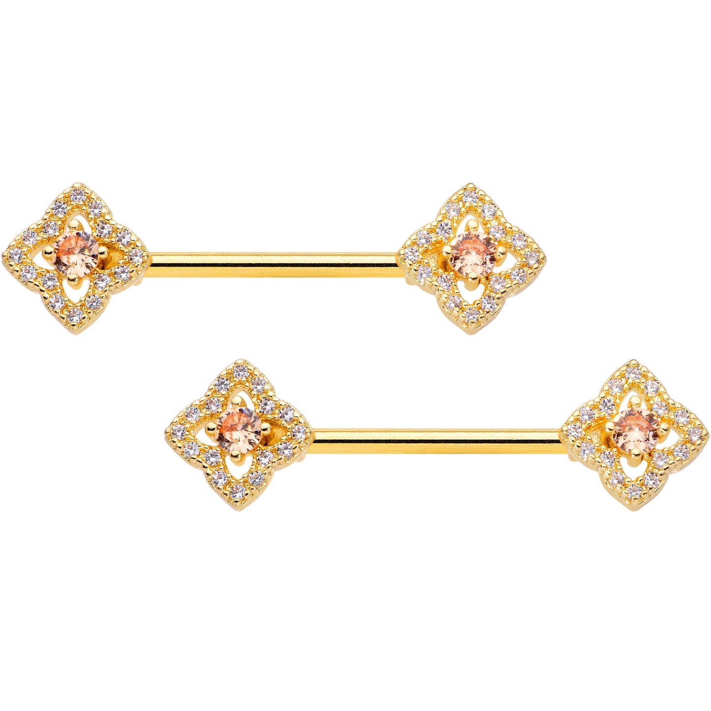 14 Gauge 9/16 Clear CZ Gem Gold Tone Rhombus Royale Nipple Ring Set