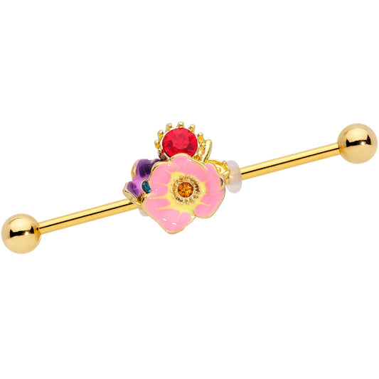 14 Gauge Red Blue Gem Gold Tone Multi Flower Industrial Barbell 38mm