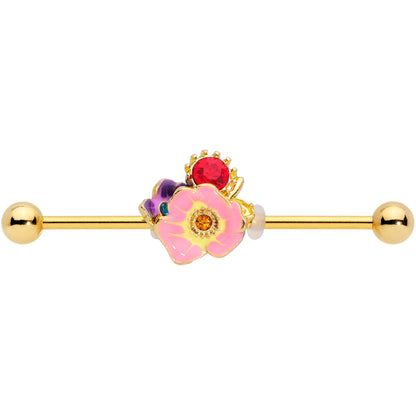 14 Gauge Red Blue Gem Gold Tone Multi Flower Industrial Barbell 38mm