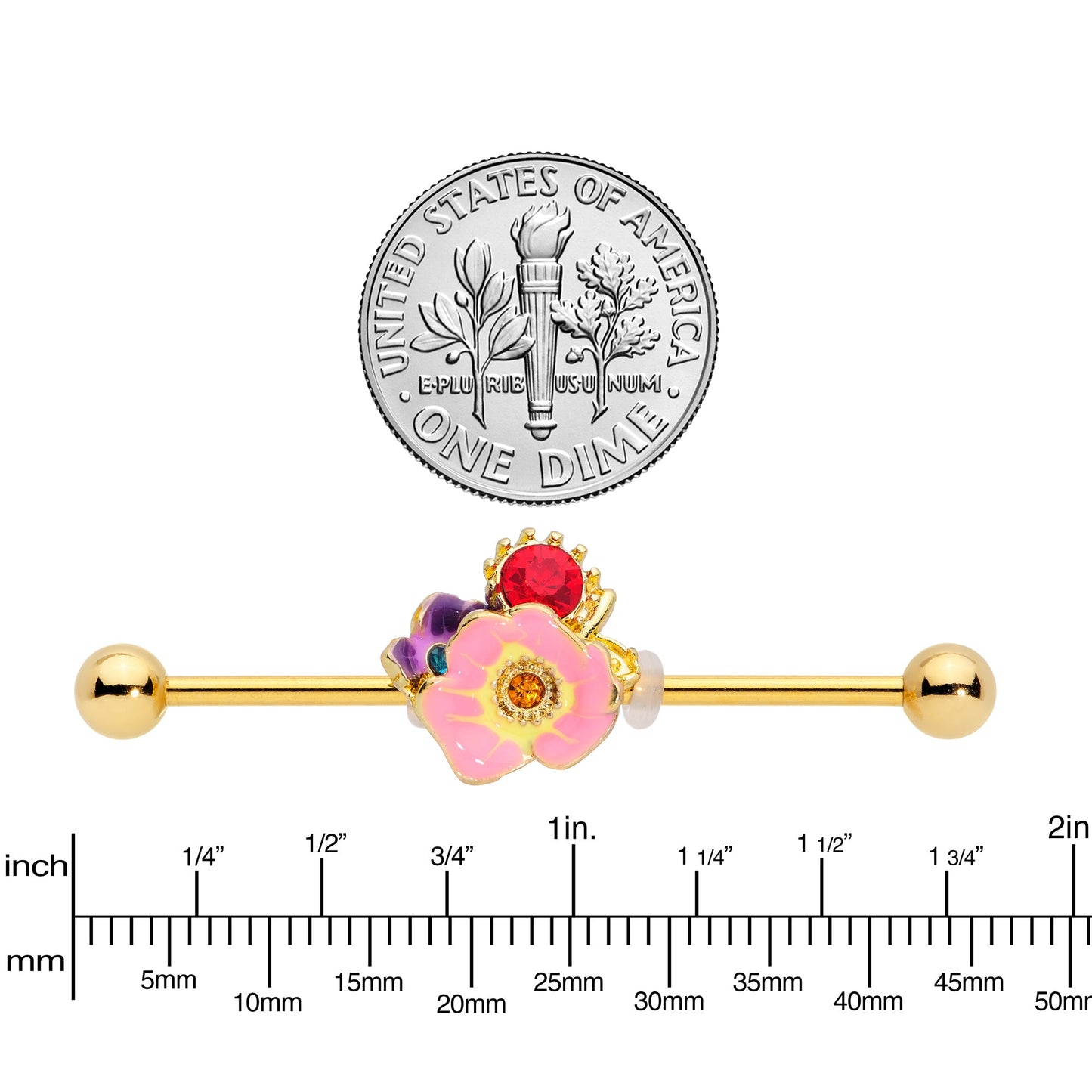 14 Gauge Red Blue Gem Gold Tone Multi Flower Industrial Barbell 38mm