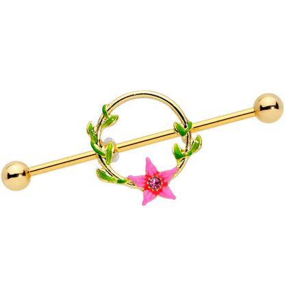 14 Gauge Pink Gem Gold Hue Exotic Flower Circle Industrial Barbell 38mm