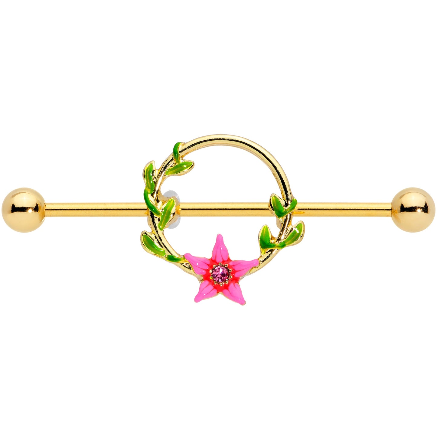 14 Gauge Pink Gem Gold Hue Exotic Flower Circle Industrial Barbell 38mm