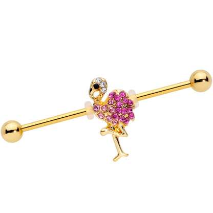 14 Gauge Pink Gem Gold Tone Fashion Flamingo Industrial Barbell 38mm