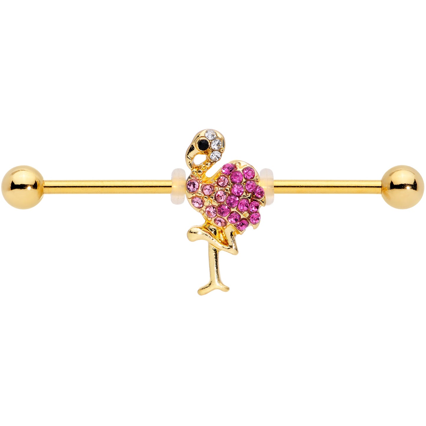 14 Gauge Pink Gem Gold Tone Fashion Flamingo Industrial Barbell 38mm