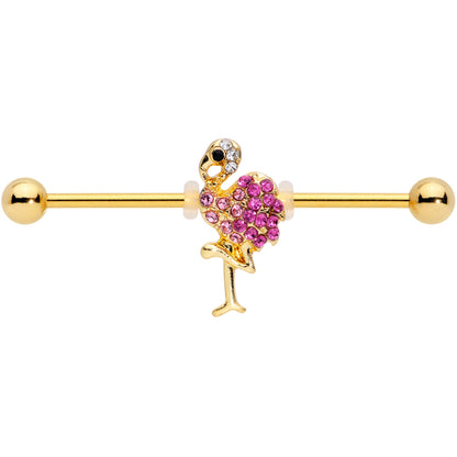 14 Gauge Pink Gem Gold Tone Fashion Flamingo Industrial Barbell 38mm