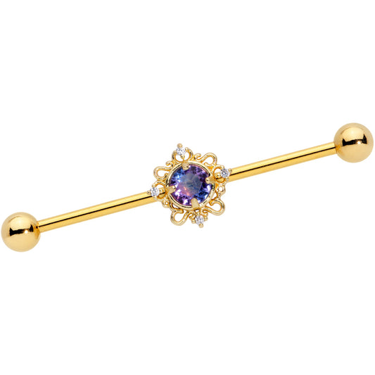 14 Gauge Purple Tourmaline Gold Tone Filigree Industrial Barbell 38mm