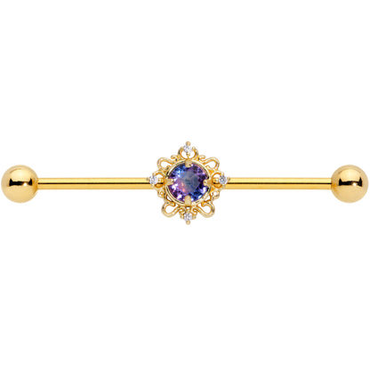 14 Gauge Purple Tourmaline Gold Tone Filigree Industrial Barbell 38mm