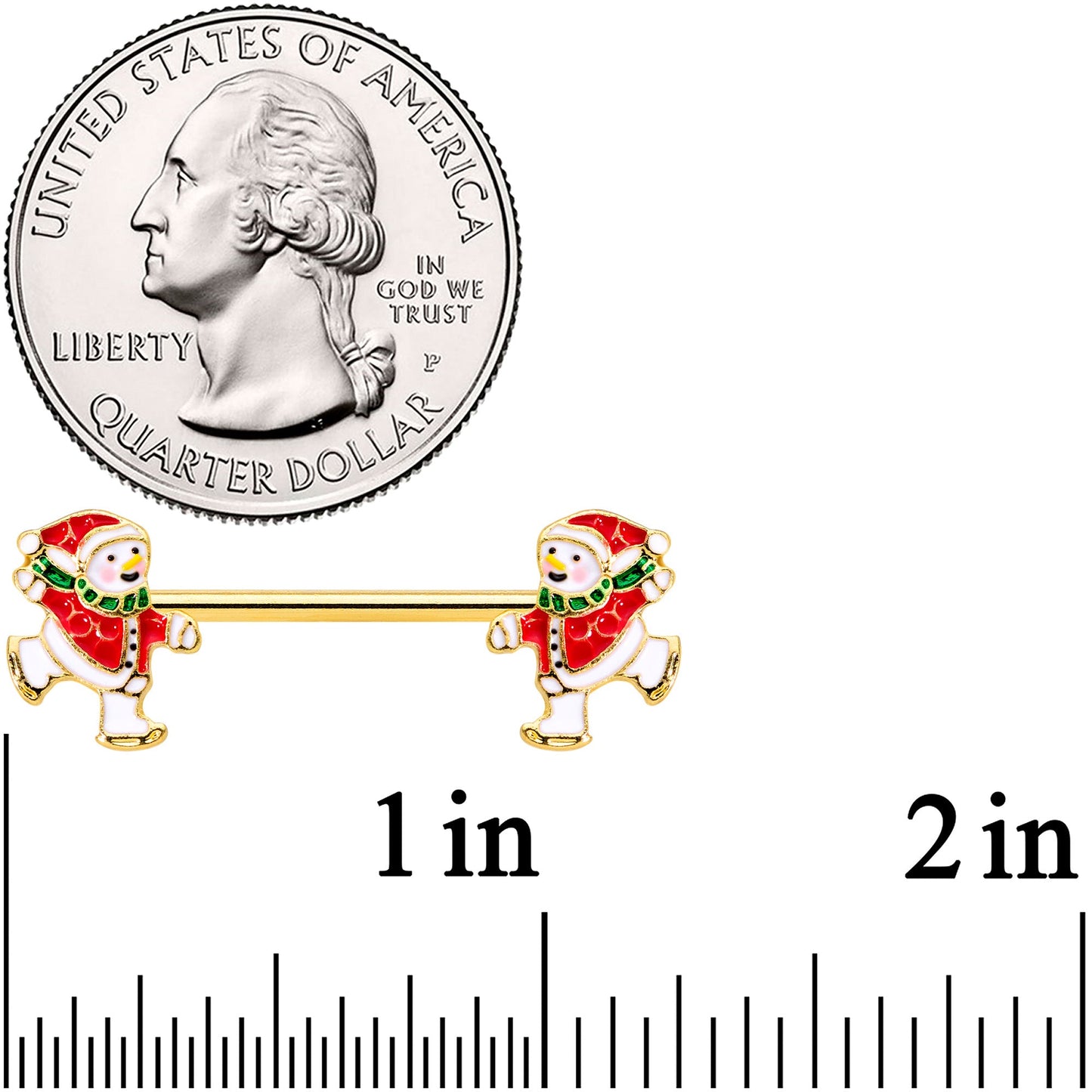 14 Gauge 9/16 Gold Tone Ice Skate Snowman Christmas Nipple Ring Set