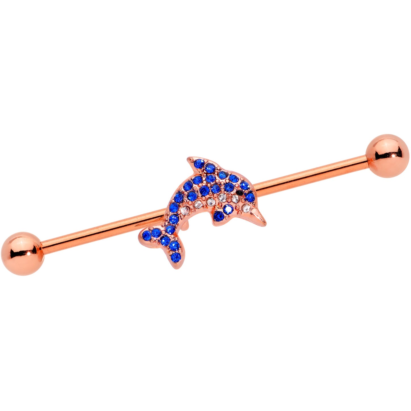 14 Gauge Blue Gem Rose Gold Tone Dolphin Industrial Barbell 38mm