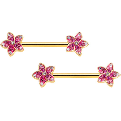 14 Gauge 9/16 Purple Gem Gold Tone Flowers Barbell Nipple Ring Set