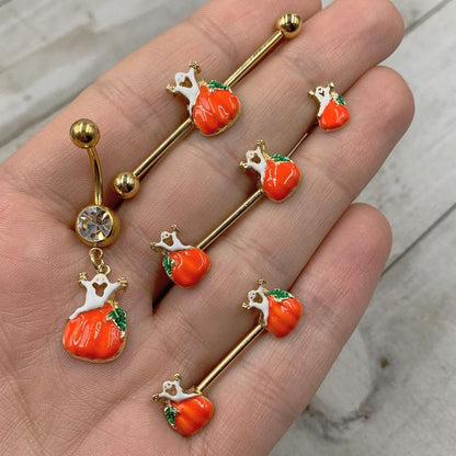 14 Gauge 9/16 Gold Tone Haunted Pumpkin Halloween Nipple Ring Set