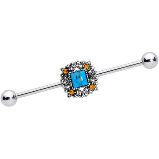 14 Gauge Yellow Gem Blue Faux Turquoise Square Industrial Barbell 38mm