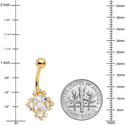 Clear CZ Gem Gold Tone Regal Rectangle Belly Ring