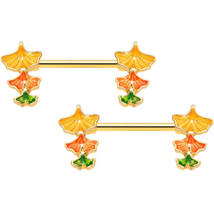 14 Gauge 9/16 Gold Tone Autumn Leaves Fall Barbell Nipple Ring Set