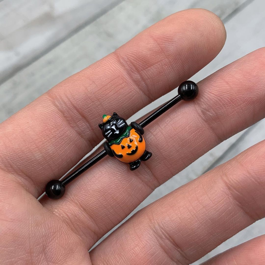 14 Gauge Black Cat Pumpkin Halloween Industrial Barbell 38mm