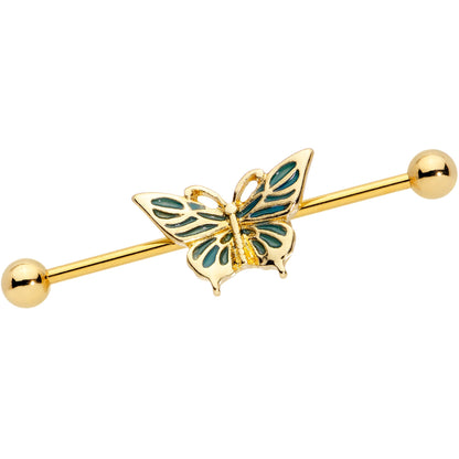 14 Gauge Gold Tone Green Inlay Butterfly Industrial Barbell 38mm