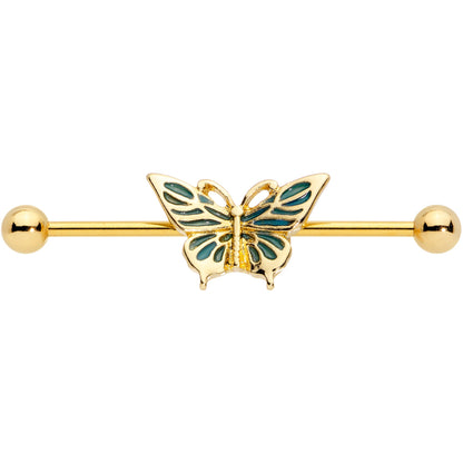 14 Gauge Gold Tone Green Inlay Butterfly Industrial Barbell 38mm