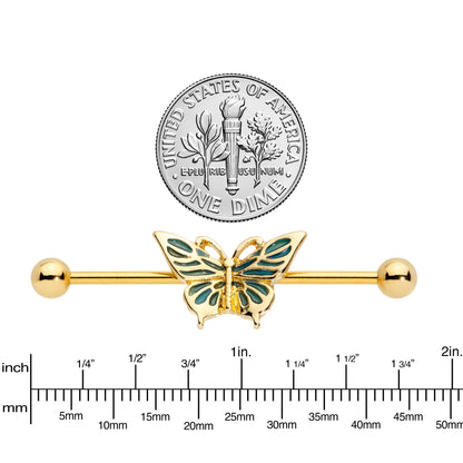 14 Gauge Gold Tone Green Inlay Butterfly Industrial Barbell 38mm