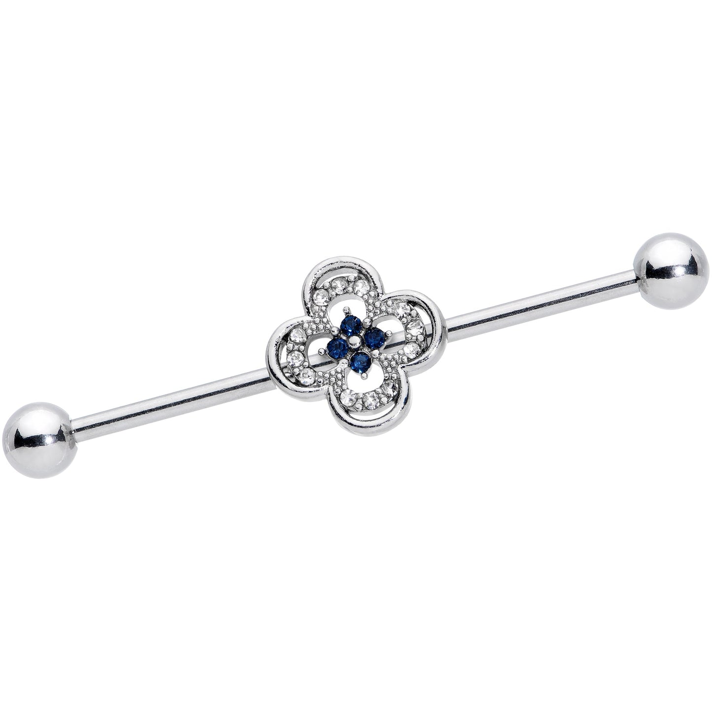 14 Gauge Blue Gem Stylized Deco Cross Industrial Barbell 38mm